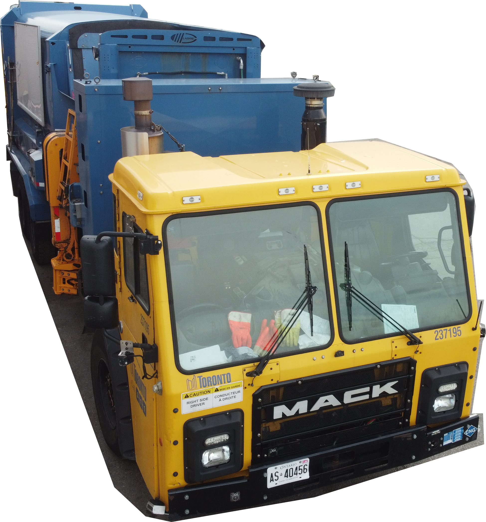 Side loader garbage truck pictured